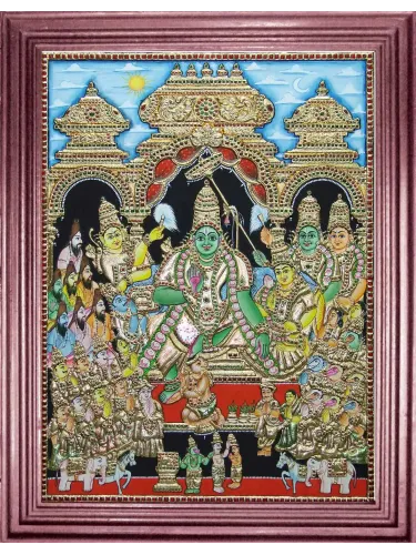 Handcrafted Ramar Pattabishegam Tanjore Painting depicting the coronation of Lord Rama and Sita with celestial elements like the sun and moon in traditional Thanjavur art